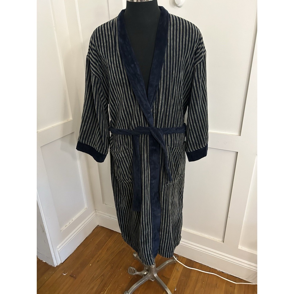 Vintage Izod mens Terry bath Robe Navy gray Stripe Thick heavy 100% Cotton